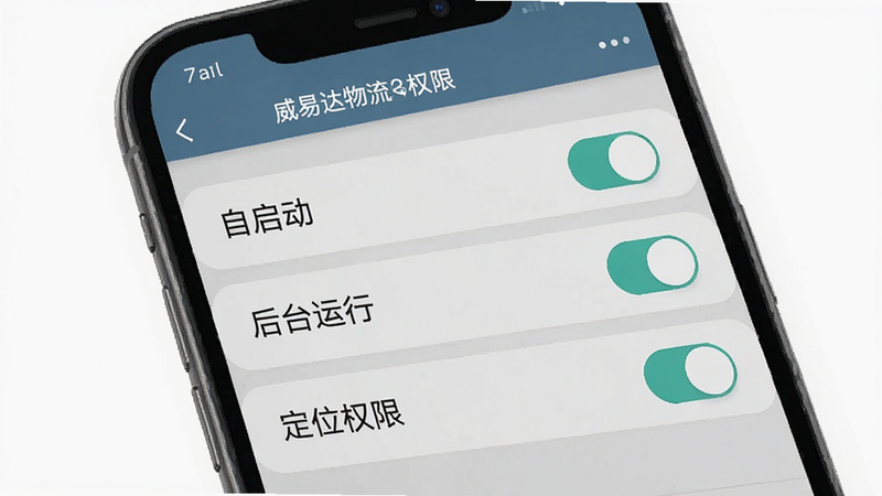 生成一张威易达物流设置权限界面的示意图,主体为手机设置菜单,布局为垂直列表,显示“自启动”、“后台运行”、“定位权限”选项,风格简洁,细节包含开关按钮,画质清晰,干净,无多余元素