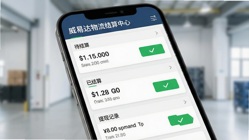 生成一张威易达物流结算中心界面预览图,主体为手机屏幕,布局为垂直列表,显示“待结算”、“已结算”、“提现记录”三个模块,风格简洁商务,细节包含金额数字和绿色确认按钮,画质高清,干净,无多余元素