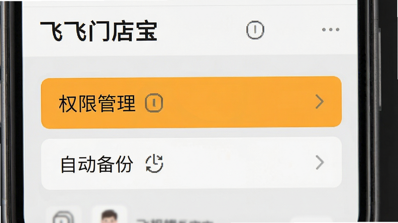 一张手机界面截图风格的图片,显示“飞飞门店宝”APP的后台设置页面,高亮显示“权限管理”和“自动备份”选项,界面简洁,字体清晰,背景为浅灰色,风格现代,画质清晰,无杂乱图标