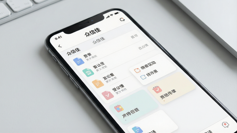 一张高清现代风格的手机屏幕特写,背景为极简的浅灰色办公桌面,手机屏幕中央显示着“众信佳”APP的主界面,界面顶部有清晰的导航栏,中间区域展示着分类整齐的文档列表和待办事项卡片,图标设计扁平化且色彩柔和,整体布局整洁有序,采用扁平化设计,细节精致,无多余元素,画质清晰,干净,无多余装饰