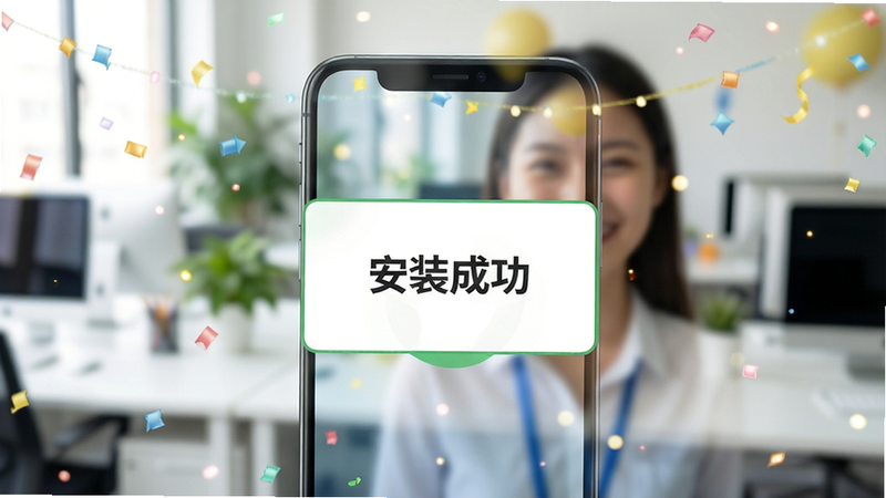 手机屏幕上显示“安装成功”的提示框,背景为模糊的办公室环境,突出安装完成的喜悦感,色彩明亮,风格积极正面,细节清晰,画质高,干净,无多余元素