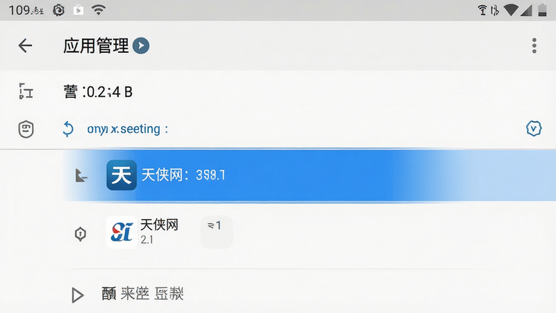 生成一张手机设置界面的示意图,主体为安卓手机“应用管理”页面,高亮显示“天侠网”应用,布局清晰,风格极简,文字清晰可见,画质高清,干净无杂乱元素