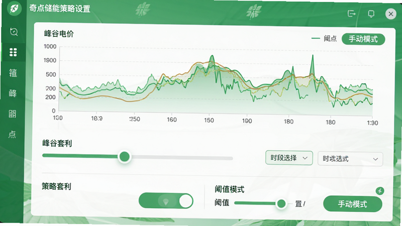 奇点储能策略设置界面,主体为滑块控件与时段选择器,布局上下结构,上方为峰谷电价图表,下方为策略开关与阈值设置,排版简洁直观,绿色能源主题风格,细节精致,画质清晰,干净,无多余元素,文字显示“峰谷套利”“手动模式”