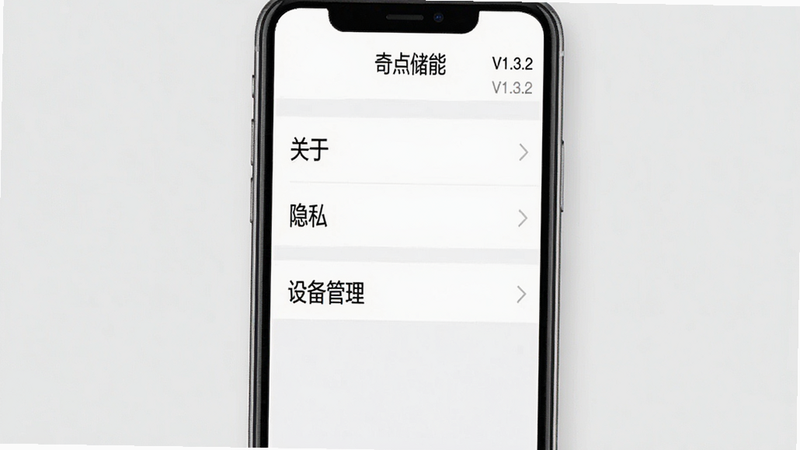 奇点储能APP设置页面,主体为列表式菜单,包含“关于”“隐私”“设备管理”选项,布局垂直排列,排版整齐,简约白底黑字风格,细节清晰,画质高清,干净,无多余元素,文字显示“奇点储能”“V1.3.2”