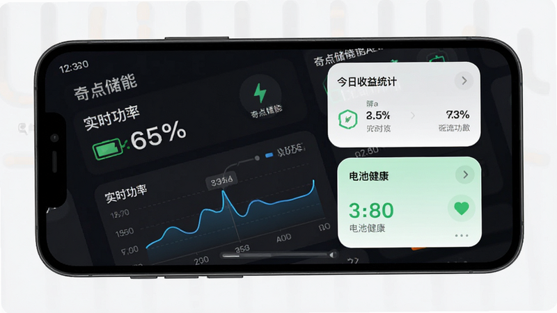 奇点储能APP界面概览,主体为智能手机屏幕,显示深色模式仪表盘,包含电池电量百分比、实时功率曲线图、今日收益统计卡片,布局清晰,排版现代简约,扁平化设计风格,细节丰富,高清,干净,无多余元素,文字显示“奇点储能”“实时功率”“电池健康”