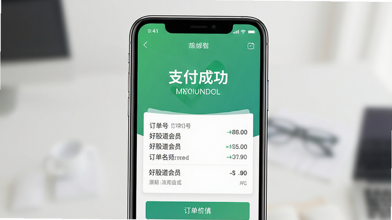 主体为手机支付成功页面,显示“支付成功”字样和订单详情,布局居中,风格简约金融风,细节包含订单号和服务名称“好股道会员”,画质高清,干净无多余元素