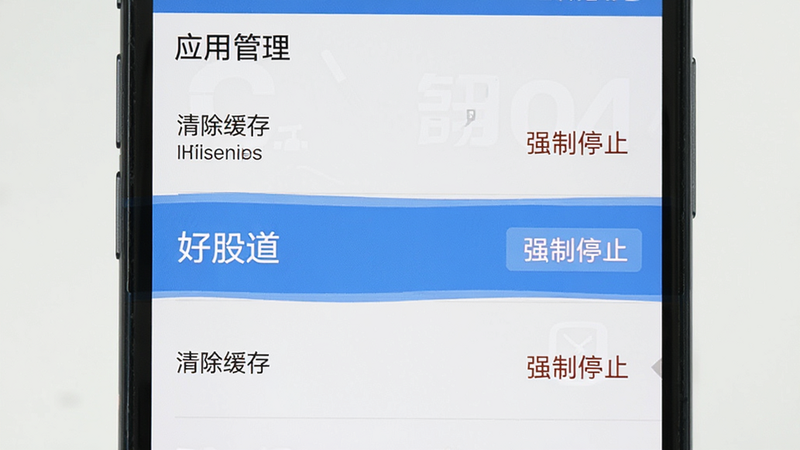主体为手机设置界面截图,显示“应用管理”列表,高亮显示“好股道”条目,布局为列表形式,风格系统原生UI,细节包含“清除缓存”和“强制停止”按钮,画质清晰,干净无多余元素