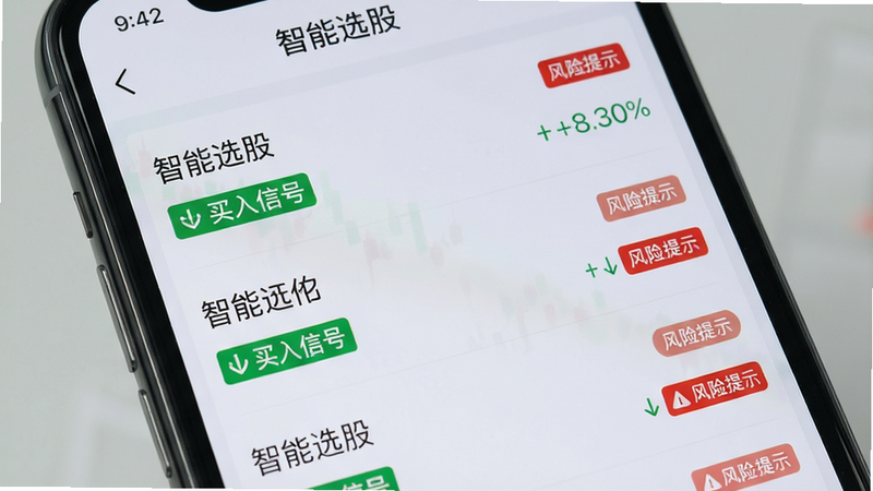 主体为手机屏幕特写,显示“智能选股”页面,列表形式展示多只股票名称及涨幅数据,背景为浅灰色,布局垂直排列,风格简洁明了,细节包含绿色的“买入信号”标签和红色的“风险提示”标签,画质清晰,干净无多余元素