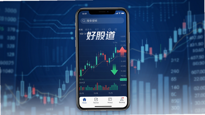 主体为一部竖屏智能手机,屏幕中央显示“好股道”APP界面,背景为深蓝色金融科技风格,布局清晰,包含顶部搜索栏、中间K线图区域、底部功能导航栏,排版整洁,风格现代商务,细节处有红色上涨箭头和绿色下跌箭头图标,画质高清,干净无多余元素
