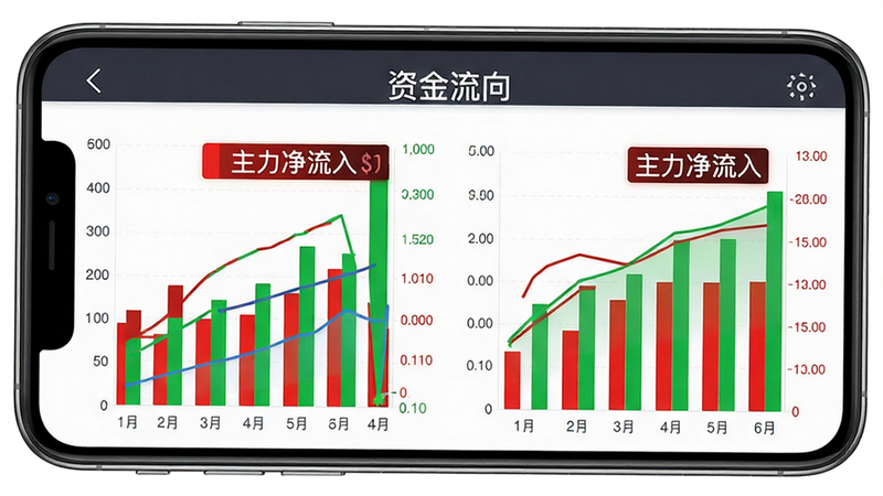 主体为手机屏幕,显示“资金流向”图表,包含柱状图和曲线图,颜色以红绿为主,布局左右对称,风格专业数据化,细节处有“主力净流入”数值高亮显示,画质高清,干净无多余元素