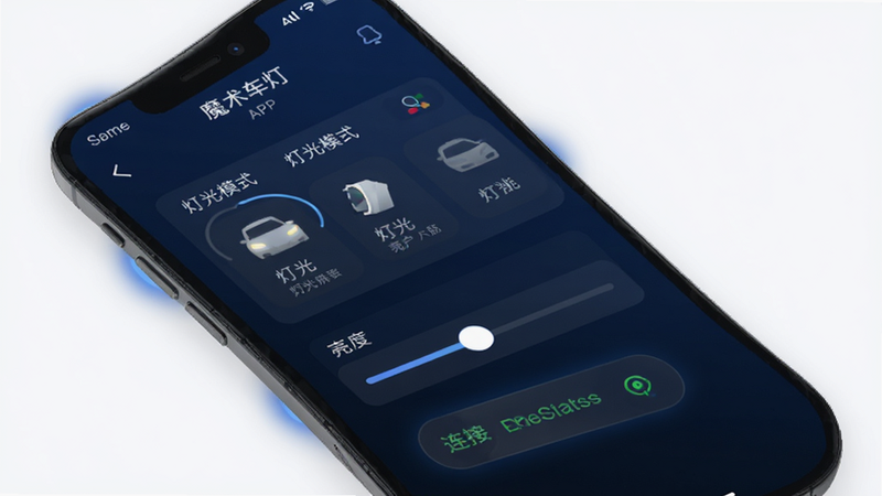 主体为手机屏幕界面,显示'魔术车灯'APP首页,背景为深蓝色科技感UI,布局清晰,包含灯光模式选择区、亮度滑块及连接状态指示器,排版简洁现代,风格为扁平化设计,细节处有柔和的光晕效果,画质高清,干净,无多余元素