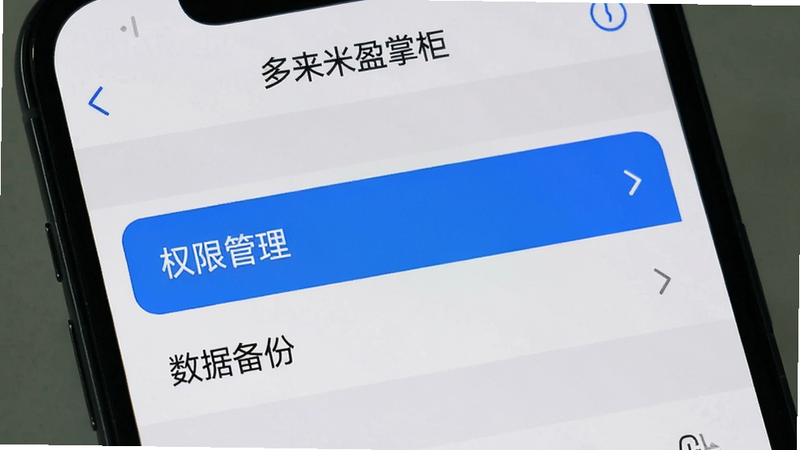 手机屏幕显示“多来米盈掌柜”设置页面,高亮显示“权限管理”与“数据备份”选项,界面清晰,背景为浅灰色,突出设置细节,高清截图风格,无多余元素
