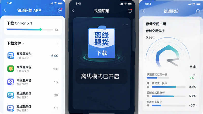 主体为“铁道职培”APP的离线下载管理界面,布局显示下载进度条、已下载文件列表、存储空间占用分析,排版直观易懂,风格为科技感UI,细节展示“离线题库包”下载完成状态,画质清晰,文字“离线模式已开启”明确,干净无杂点