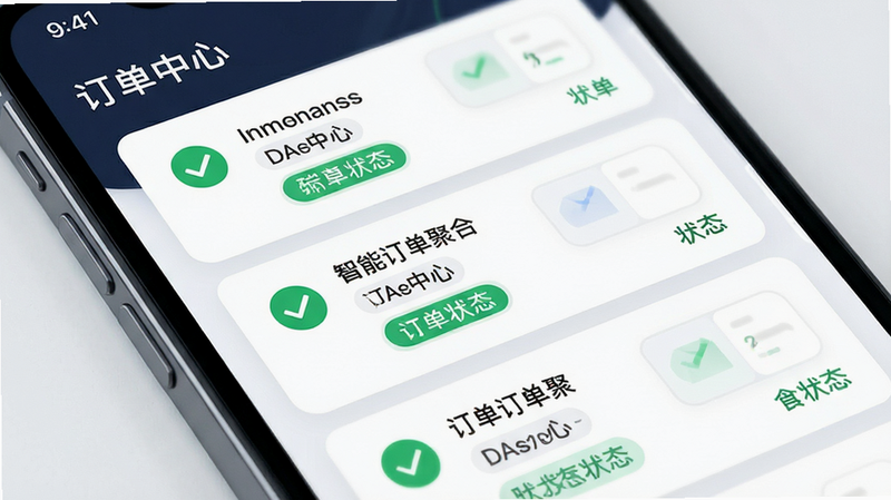 手机界面特写,显示“智能订单聚合”功能模块,主体为订单卡片列表,布局整齐,排版紧凑,风格为现代科技感,细节包含绿色对勾标识和状态标签,画质高清,干净,文字包含“订单中心”