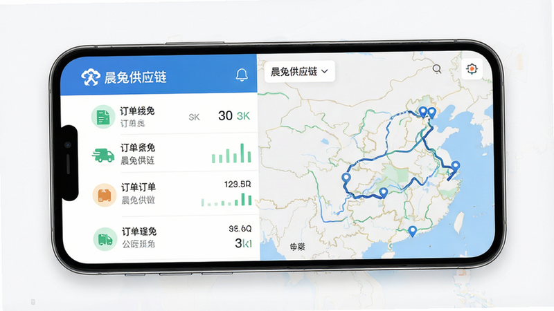 一张展示“晨兔供应链”APP主界面的高清UI设计图,主体为手机屏幕,布局清晰,左侧为订单列表,右侧为地图轨迹,风格为扁平化商务风,细节包含物流图标和数据图表,画质8k,干净无多余元素,文字包含“晨兔供应链”