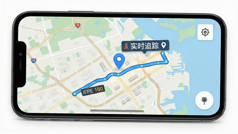 手机地图界面,显示一条蓝色的物流轨迹线,主体为地图中心,布局以地图为主,排版简洁,风格为写实地图风,细节包含定位图标和速度标识,画质清晰,干净,文字包含“实时追踪”