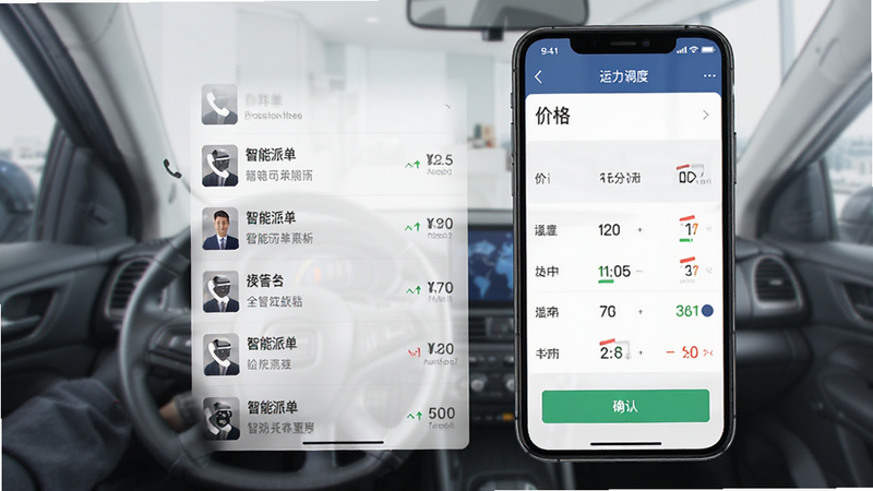 手机界面展示“运力调度”页面,主体为司机列表和价格对比,布局左右分栏,排版清晰,风格为商务办公风,细节包含电话图标和确认按钮,画质细腻,干净,文字包含“智能派单”