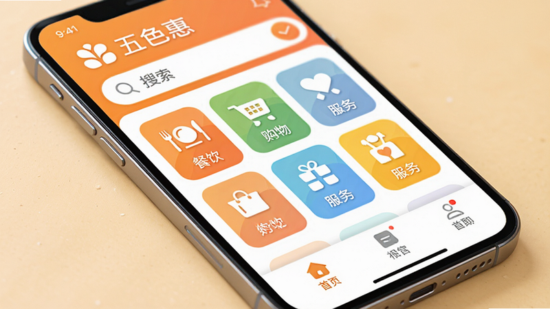 主体为手机屏幕界面,显示“五色惠”APP首页,布局清晰,顶部为搜索栏,中部为网格状分类图标如“餐饮”、“购物”、“服务”,底部为导航栏,风格为扁平化现代UI设计,色彩明亮温馨,细节处体现高清质感,画质高,干净,无多余元素