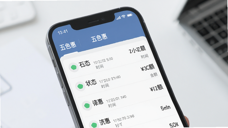 主体为手机界面,展示“五色惠”APP的订单管理页面,布局为列表形式,包含订单状态、时间、金额等信息,风格商务简洁,色彩冷静专业,细节处体现状态图标,画质高,干净,无多余元素