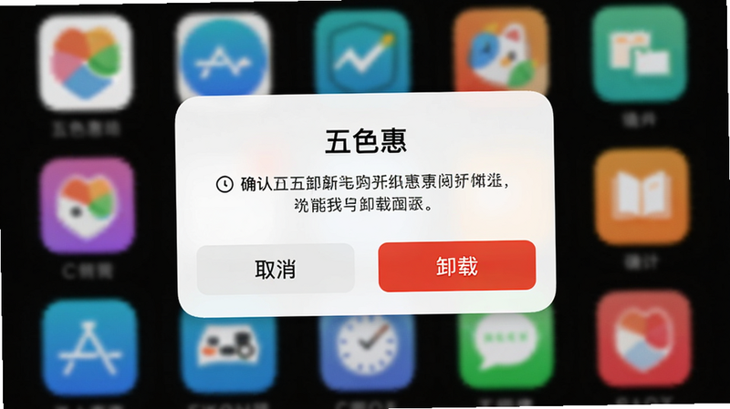主体为手机界面,展示“五色惠”APP的卸载确认弹窗,布局居中,包含“取消”与“卸载”按钮,背景为模糊的应用图标,风格简洁明了,色彩对比鲜明,细节处体现确认提示,画质高,干净,无多余元素