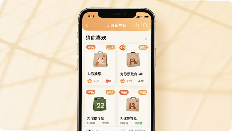 一张展示汇城乐购APP个性化推荐页面的设计图,主体为手机屏幕,显示“猜你喜欢”板块,排列着用户常购的商品卡片,布局灵活自然,风格亲切友好,色调温暖,细节处有个性化标签如“常买”、“热销”,画质4k,干净无多余元素,屏幕中文字为“为你推荐”