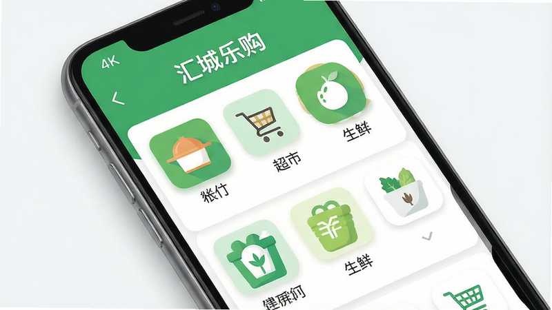 一张展示汇城乐购APP界面的高保真设计图,主体为手机屏幕,显示首页分类图标如餐饮、超市、生鲜,布局清晰整洁,采用扁平化UI风格,色调以清新绿色和白色为主,细节处有轻微阴影增加立体感,画质4k,干净无多余元素,屏幕中文字为“汇城乐购”