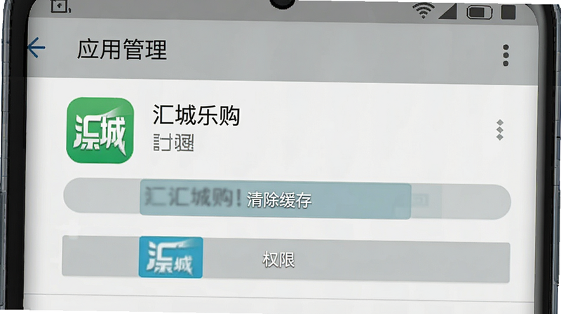 一张展示手机设置界面的示意图,主体为安卓系统的应用管理页面,显示“汇城乐购”应用,布局清晰,风格系统原生,色调灰色系,细节处有“清除缓存”和“权限”按钮高亮,画质清晰,干净无多余元素,屏幕中文字为“应用管理”