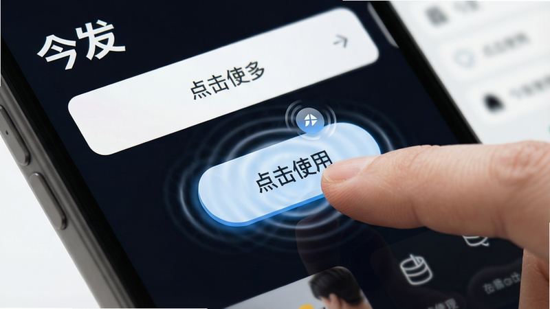 ����һ��չʾ'��'APP����ϸ�ڵ���дͼ������Ϊ���ܿ�Ƭ�������̣����־۽�����ָ�����ť��˲�䣬�Ű�ͻ����ť�ķ�����Ч���������������ϸ�ڰ�����ť���µ�����Ч����ͼ��΢��Ч������ϸ�壬�ɾ����޶���Ԫ�أ�����������ʾ'���ʹ��'