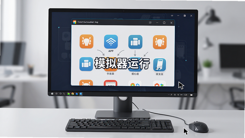����һ�ŵ���ģ��������'��'APP��ʾ��ͼ������Ϊ������Ļ��ʾ��׿ģ�ⴰ�ڣ�����չʾģ���������ڵ�APPͼ�꣬�Ű�ͻ�����豸ʹ�õĸ�����Ƽ��칫�磬ϸ�ڰ������Լ��̺����ָ�룬���ʸ��壬�ɾ����޶���Ԫ�أ�������ʾ'ģ��������'
