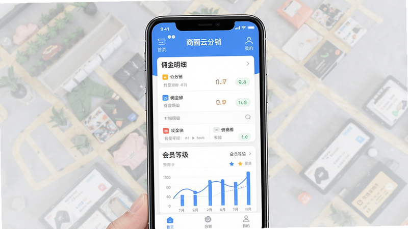 主体为“商圈云分销”App的手机界面截图,布局清晰展示首页、分销中心、我的三个主要模块,排版简洁现代,风格扁平化,细节包含商品列表、佣金看板、数据图表,画质高清,干净,无多余元素,文字加引号:“商圈云分销”“佣金明细”“会员等级”