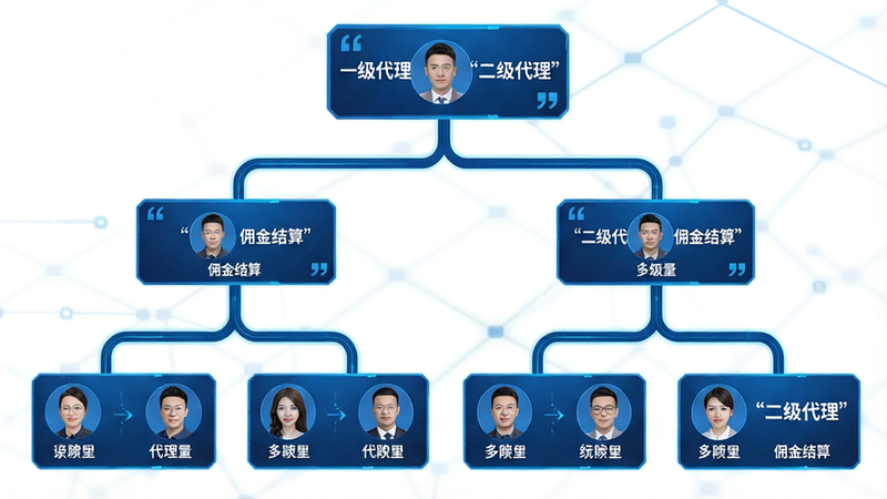 主体是分销层级关系图,布局呈树状结构展开,排版层级分明,风格科技感蓝色调,细节显示不同等级的代理商头像连接,文字加引号:“一级代理”“二级代理”“佣金结算”,画质清晰,干净,无多余元素
