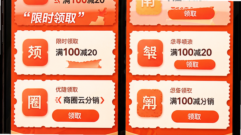 主体是优惠券领取页面,布局为卡片式堆叠,排版视觉冲击力强,风格橙红色促销色调,细节显示不同面额的优惠券图标和领取按钮,文字加引号:“限时领取”“满100减20”“商圈云分销”,画质高清,干净,无多余元素