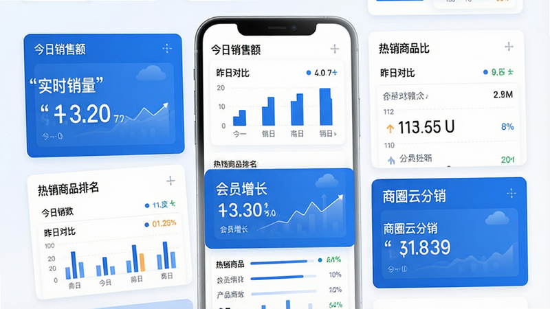 主体是移动端数据仪表盘界面,布局包含多个数据卡片,排版紧凑有序,风格商务蓝白配色,细节展示今日销售额、昨日对比、热销商品排名,文字加引号:“实时销量”“会员增长”“商圈云分销”,画质高清,干净,无多余元素
