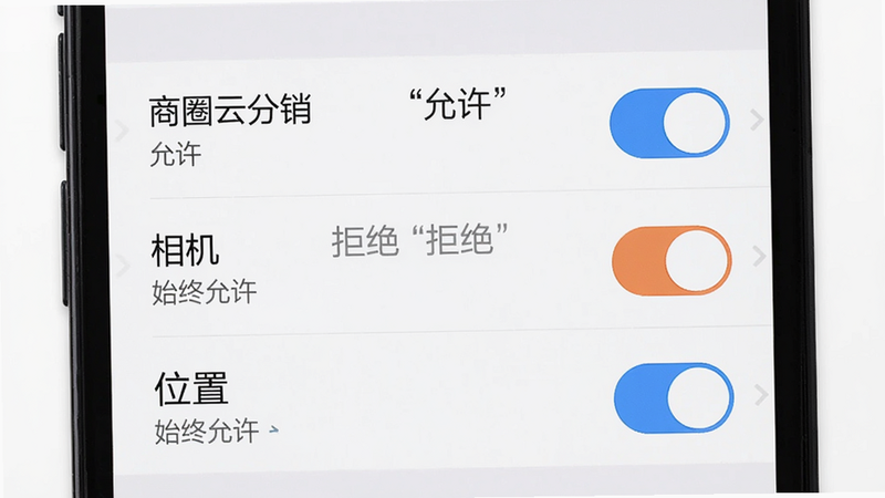主体是手机设置权限管理界面,布局为列表形式,排版清晰,风格极简主义,细节显示“商圈云分销”的存储、相机、位置权限开关状态,文字加引号:“允许”“拒绝”“始终允许”,画质高清,干净,无多余元素