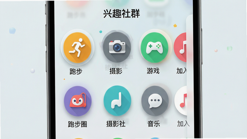 主体为手机界面,展示“兴趣社群”页面,采用网格布局展示多个圆形图标,分别代表“跑步”、“摄影”、“游戏”、“音乐”等圈子。每个图标下方有简短文字说明,背景为浅色磨砂玻璃效果,风格清新活泼,细节处有轻微阴影增加层次感,画质清晰,干净无多余元素,文字: