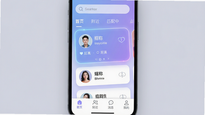 主体为智能手机屏幕,显示瞬约交友App的主界面,布局清晰,包含顶部搜索栏、中部大卡片式推荐用户列表(头像、昵称、距离)、底部功能导航栏(首页、附近、消息、我的)。风格为现代简约扁平化设计,配色以柔和的蓝紫色渐变为主,细节处有微弱的霓虹光效点缀,画质8k,干净无多余元素,文字标签清晰可见: