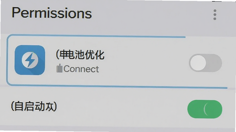 主体为手机设置界面中关于应用权限管理的截图示意,布局突出“电池优化”和“自启动”开关,排版清晰,风格扁平化,细节展示Connect应用图标被选中,画质清晰,干净无多余弹窗,文字标注