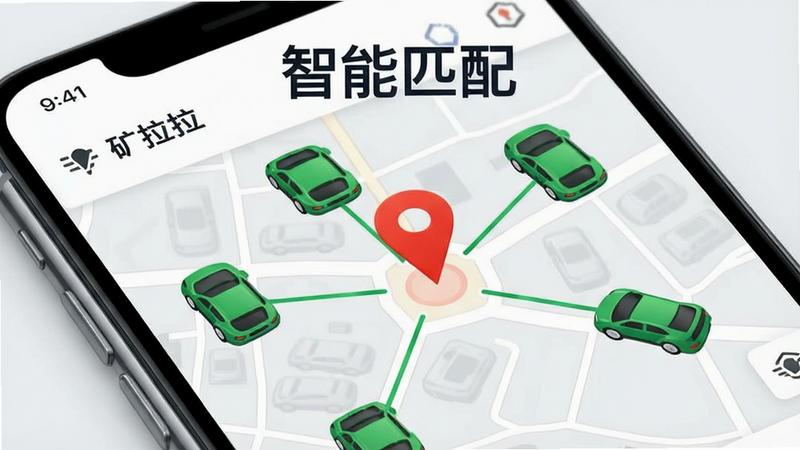 一张展示地图定位与车辆连接的场景图,手机屏幕上显示“矿拉拉”地图界面,红色定位点标记当前位置,周围有多个绿色车辆图标,连线表示订单匹配,背景为浅灰色地图纹理,文字“智能匹配”位于顶部,风格现代简约,高清渲染,无杂乱背景