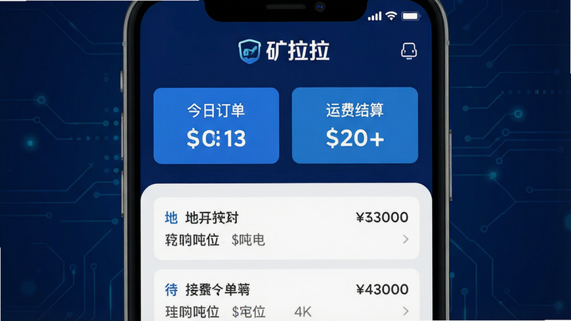 一张高清的手机应用界面展示图,主体为“矿拉拉”APP首页,背景为深蓝色科技风格,顶部显示“矿拉拉”Logo,中间是醒目的“今日订单”和“运费结算”两个大按钮,下方列表显示几条待接订单信息,包含地点、吨位和运费,整体布局清晰,无多余装饰元素,4k画质,扁平化设计风格,干净简洁