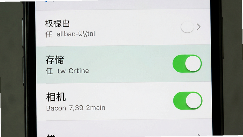 主体为手机设置界面,显示权限管理页面,布局为列表形式,高亮显示“存储”和“相机”权限开关,风格为系统原生UI,细节包括清晰的开关状态和文字说明,画质高清,干净,无多余元素