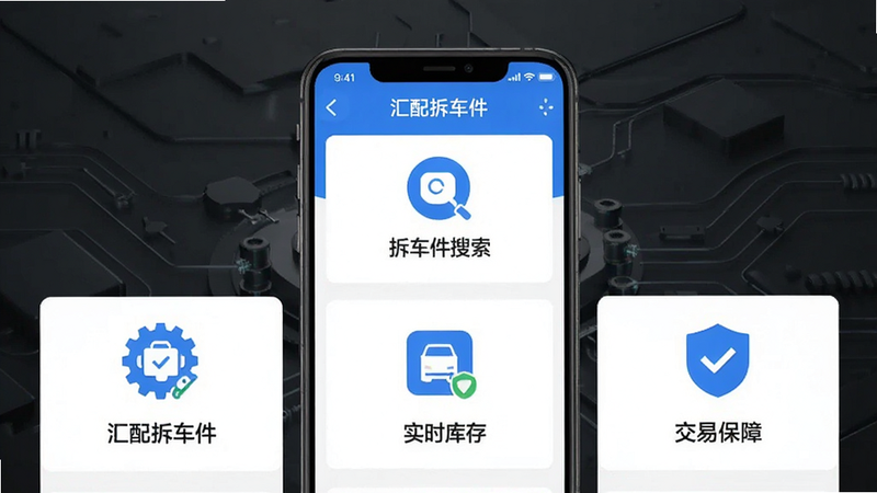 主体展示一款名为“汇配拆车件”的安卓APP界面,手机屏幕居中,背景为深灰色极简科技风,界面清晰显示“拆车件搜索”、“实时库存”、“交易保障”三个核心模块,图标扁平化设计,色彩以蓝白为主,布局整洁,无多余装饰,高清,8k分辨率
