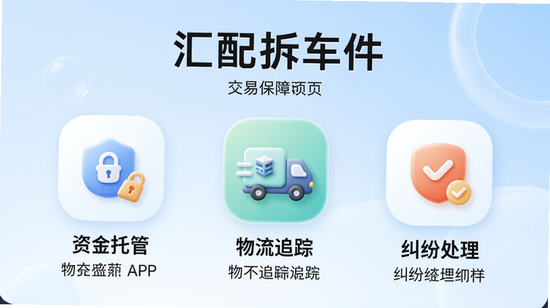 展示“汇配拆车件”APP的交易保障页面,包含“资金托管”、“物流追踪”、“纠纷处理”三个图标,图标设计圆润友好,背景为浅蓝色渐变,文字说明简洁明了,整体风格信任感强,无杂乱元素,高清渲染
