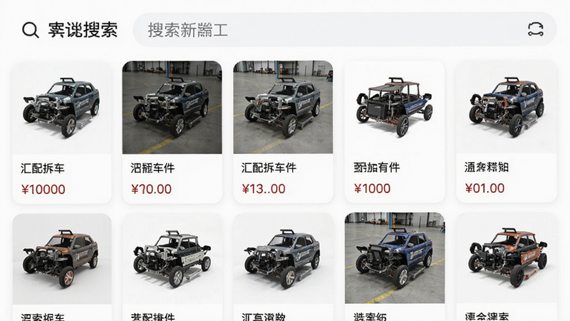 展示“汇配拆车件”APP的搜索界面,顶部为搜索框,下方为网格状的商品列表,每个商品卡片包含图片、名称和价格,背景为纯白色,界面元素清晰,字体清晰,风格现代简洁,无水印,高清晰度