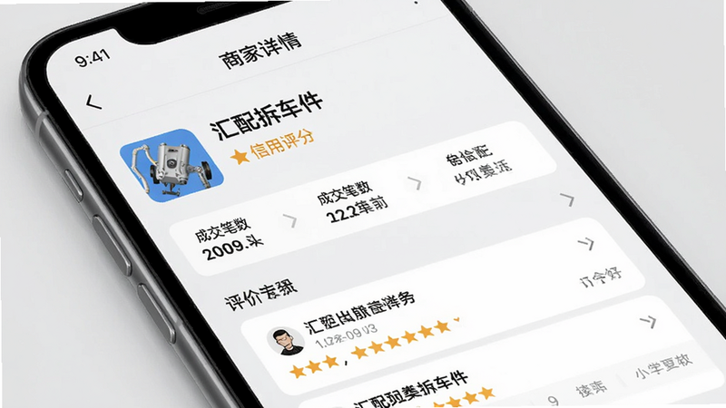 展示“汇配拆车件”APP的商家详情页,包含商家名称、信用评分、成交笔数、评价列表,背景为浅灰色,界面布局清晰,信息层级分明,无多余装饰,高清渲染