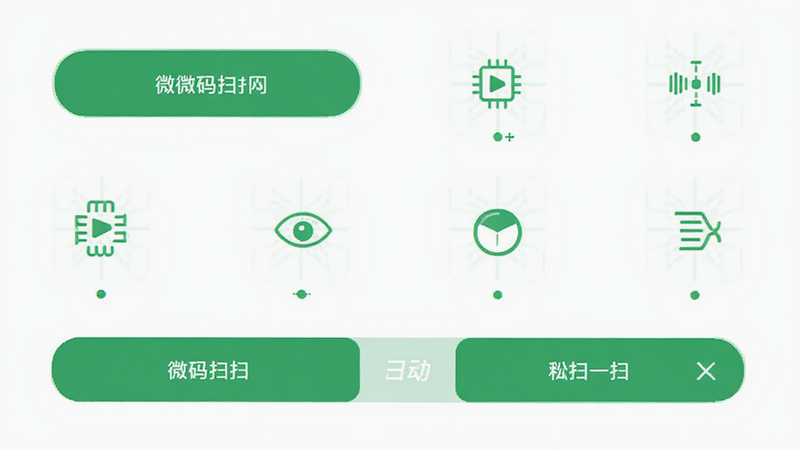 微码扫一扫极简UI设计展示,白色背景,绿色主色调按钮,排版整齐,图标简洁,现代极简主义风格,干净无噪点
