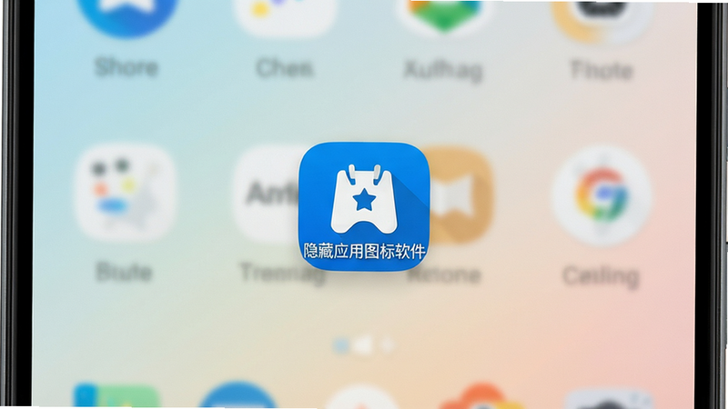 高清安卓手机屏幕特写,主体显示一个整洁极简的手机主屏幕界面,中央悬浮着“隐藏应用图标软件”的蓝色图标,背景为淡雅的纯色渐变,布局居中对称,排版简洁大方,扁平化设计风格,细节清晰,4k超清画质,干净无多余元素