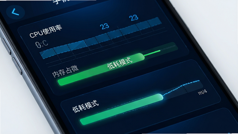 手机性能监控界面,显示CPU使用率极低,内存占用微小,绿色进度条表示运行稳定,文字标注“低耗模式”,图表清晰,布局上下结构,科技感蓝色光效,细节准确,高清画质,干净背景