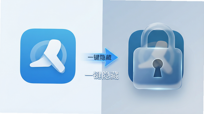 手机界面示意图,左侧显示一个普通APP图标,右侧显示该图标被一个半透明的锁形图标覆盖,中间有箭头指示隐藏过程,文字标注“一键隐藏”,整体风格科技感蓝色调,布局左右对比,排版清晰,写实渲染风格,细节精致,高清画质,干净背景