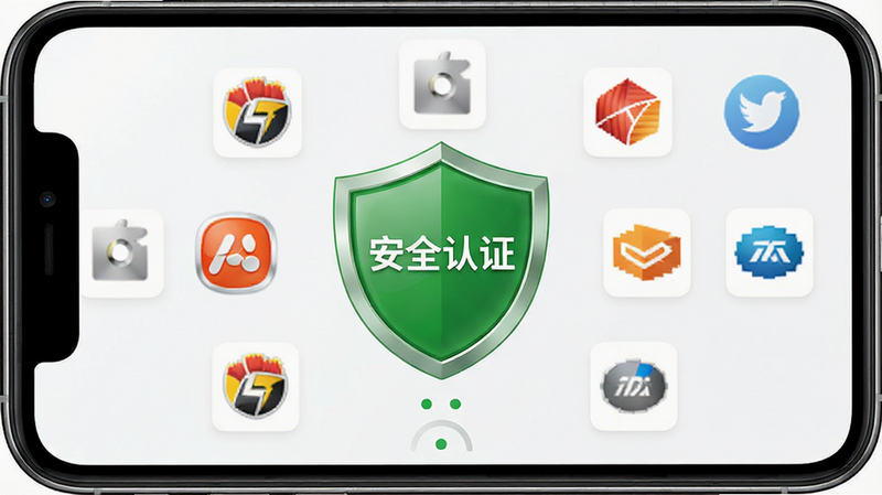 手机安全扫描界面,显示绿色盾牌图标,文字标注“安全认证”,周围环绕着多个手机品牌Logo,布局中心对称,排版整洁,写实风格,细节清晰,高清画质,干净背景