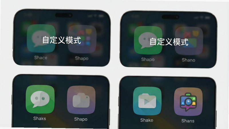 手机桌面布局展示,四个不同的图标区域,分别显示不同状态的隐藏效果,文字标注“自定义模式”,界面元素清晰,排版整齐网格状,现代简约风格,细节丰富,8k分辨率,干净无杂物
